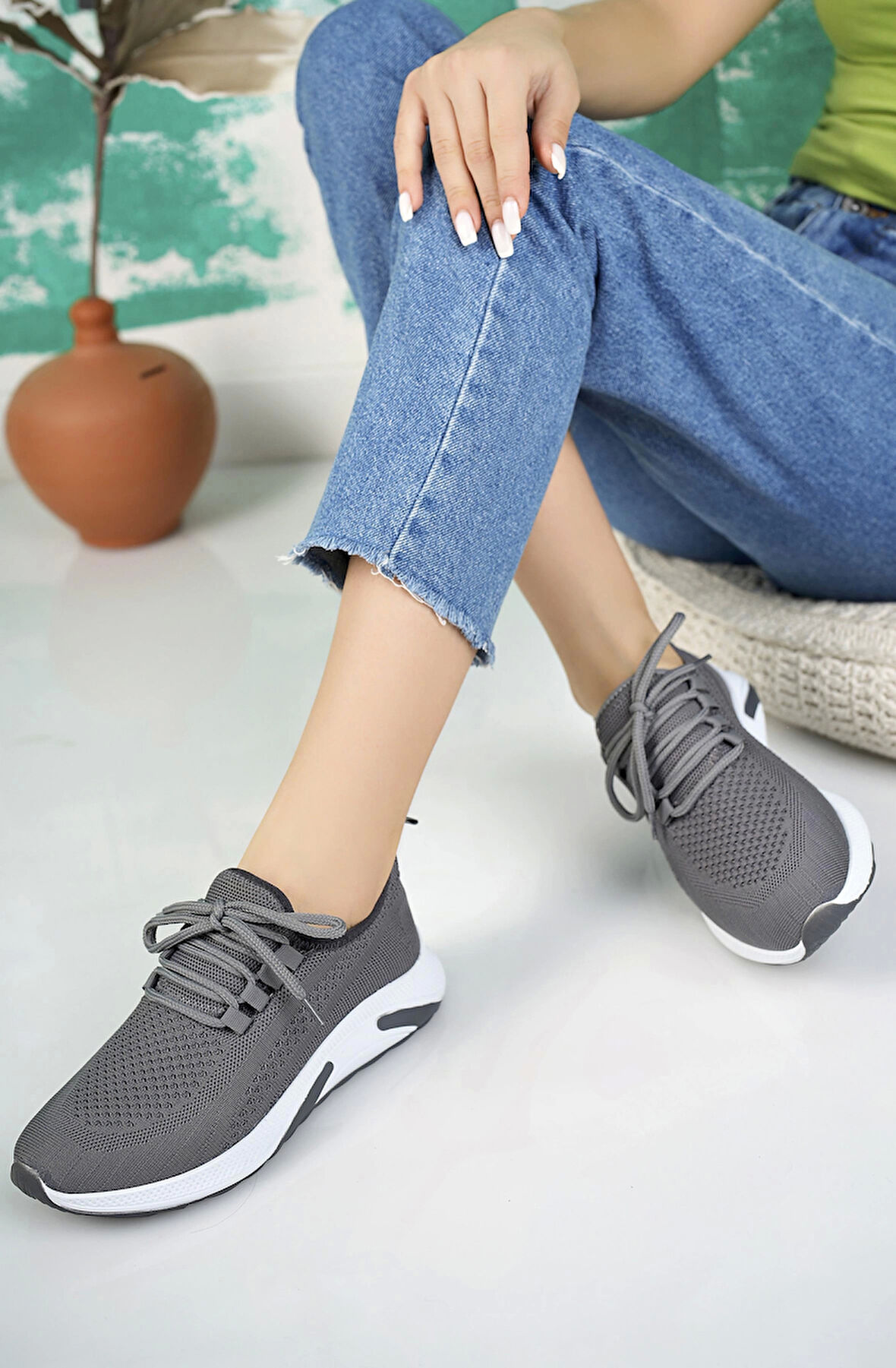 Nesil Shoes Bw 010 Füme Beyaz Triko Örgü Kadın Sneakers