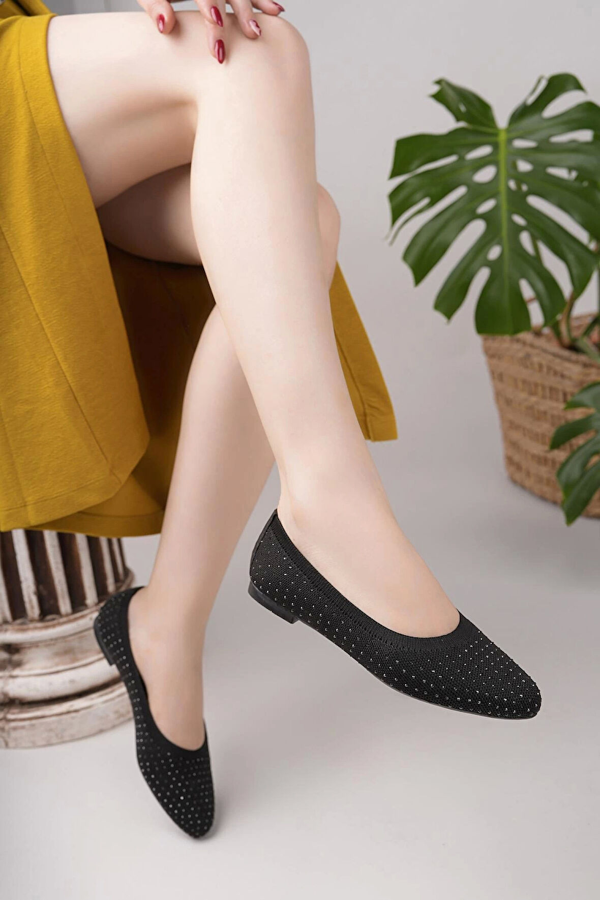 Nesil Shoes Sdf 243 Siyah Triko Taşlı Kadın Babet