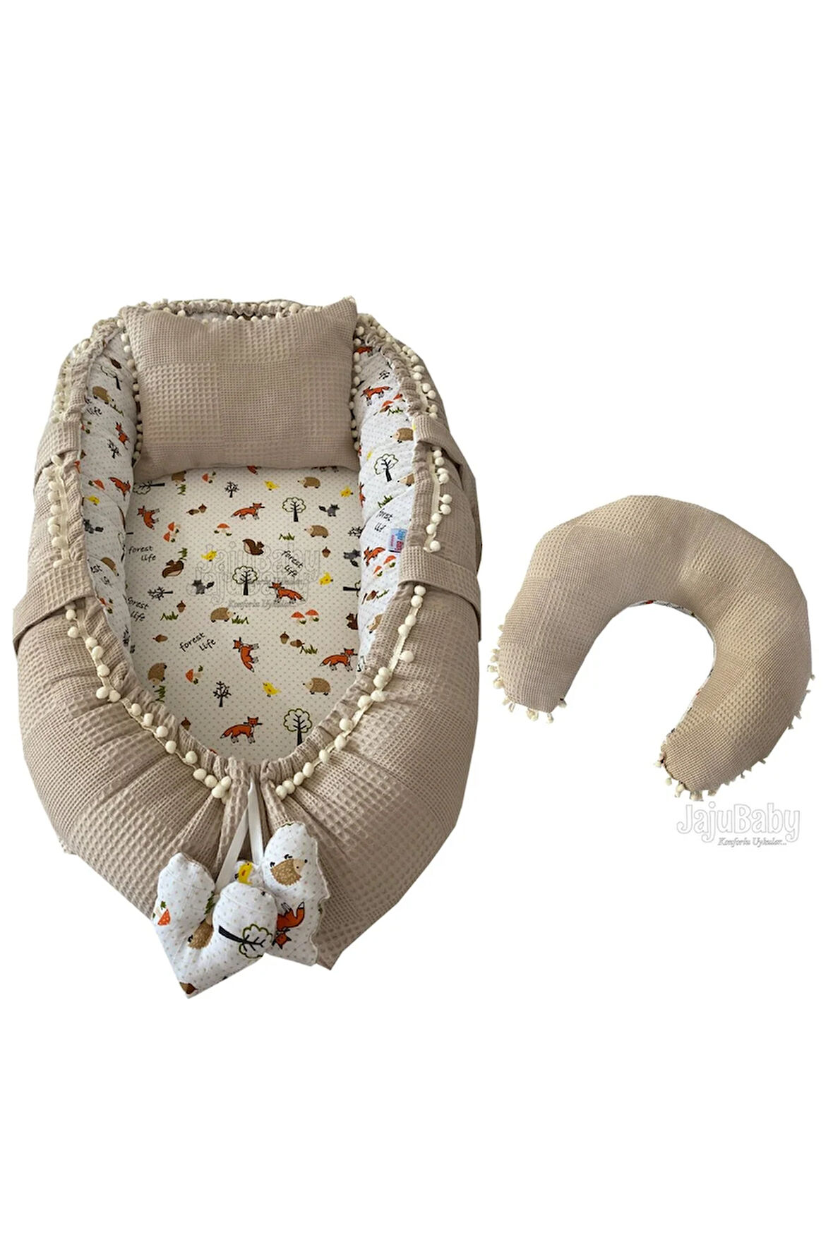 Nest Pike Ve Müslin Kumaş Tilki Tasarım Ponponlu 3'lü Jaju-babynest Anne Yanı Set