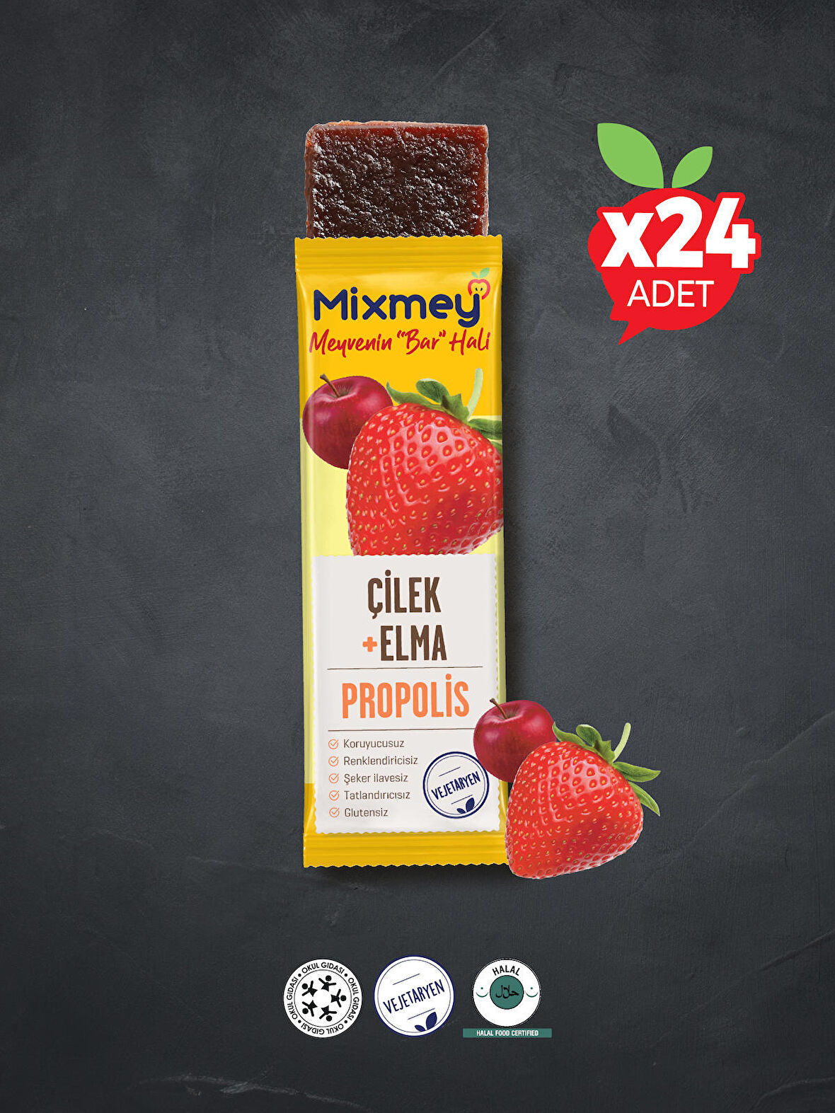 Mixmey Bee Çilek Ve Propolis Meyve Bar | Bağışıklık Destekleyici Doğal Bar - 25gr X 24 Adet