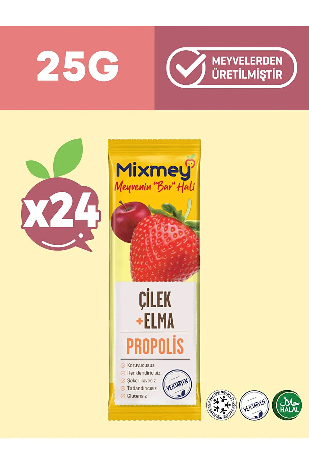 Mixmey Bee Çilek Ve Propolis Meyve Bar | Bağışıklık Destekleyici Doğal Bar - 25gr X 24 Adet
