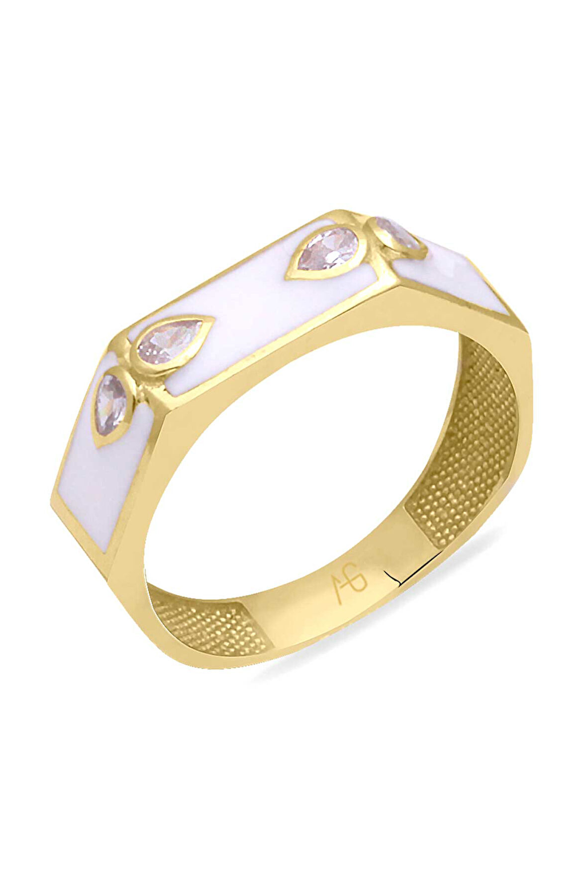 Sarı Altın Beyaz Mineli Damla Taşlı Altın Yüzük