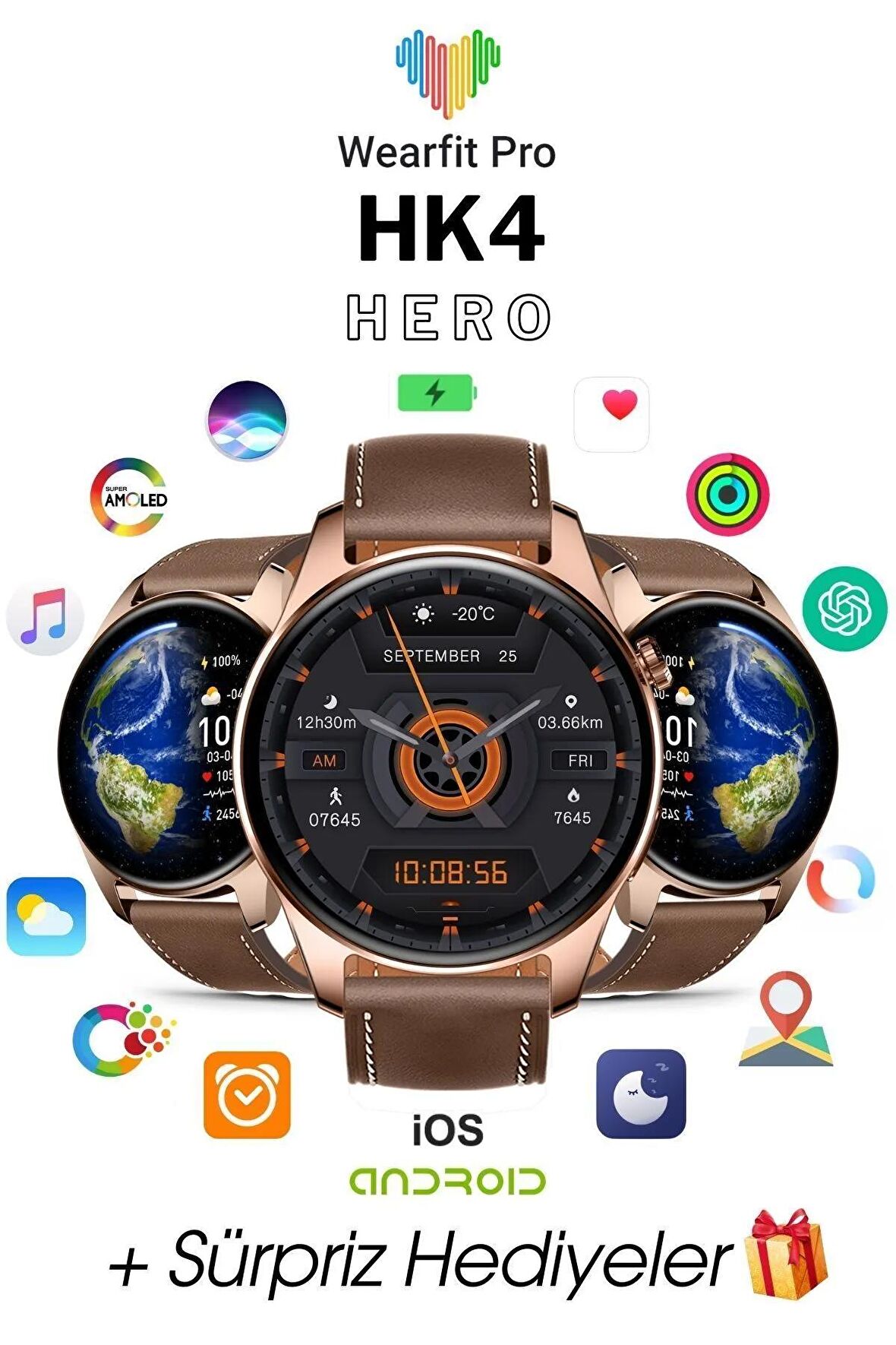 Wearfit Pro Hk 4 Hero Tüm Telefonlara Uyumlu Yuvarlak Akıllı Saat Gold
