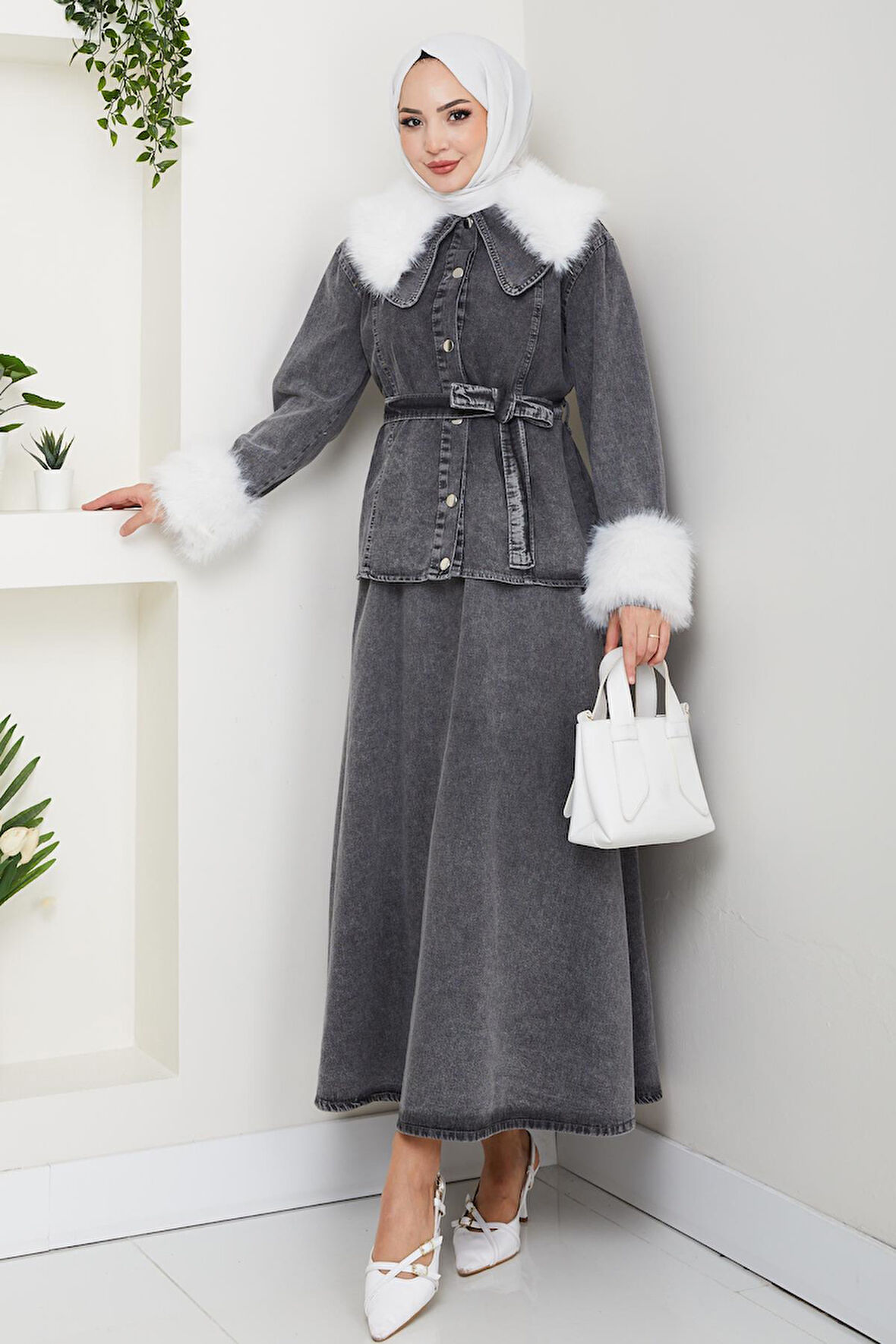 Kadın Peluş Detaylı Kuşaklı Kot Siyah İkili Takım