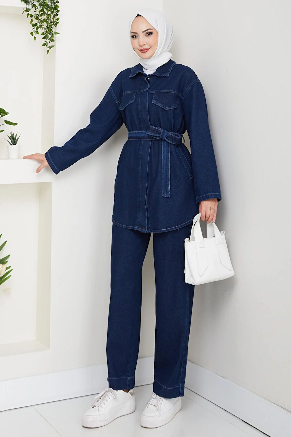 Kadın Düğmeli Kuşaklı Lacivert İkili Takım