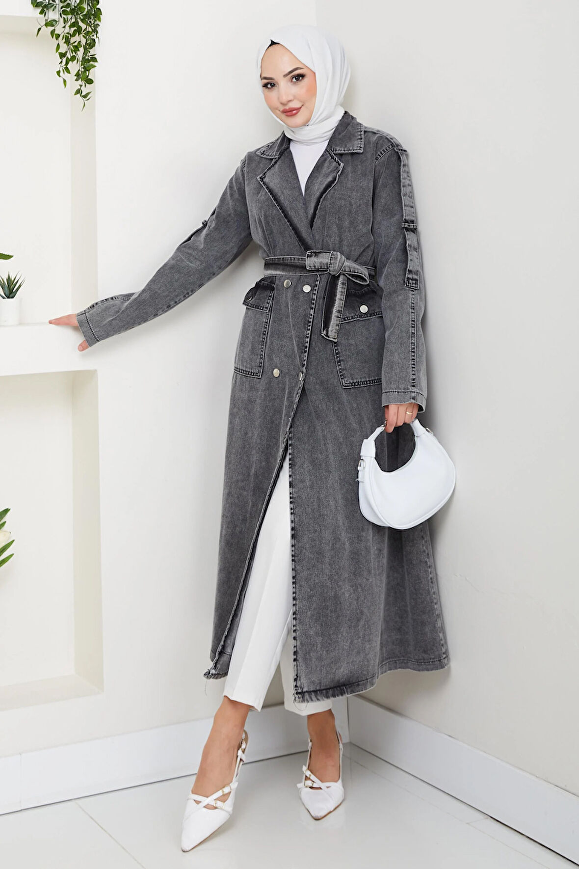 Kadın Cepli Kuşaklı Denim Koyu Gri Trençkot