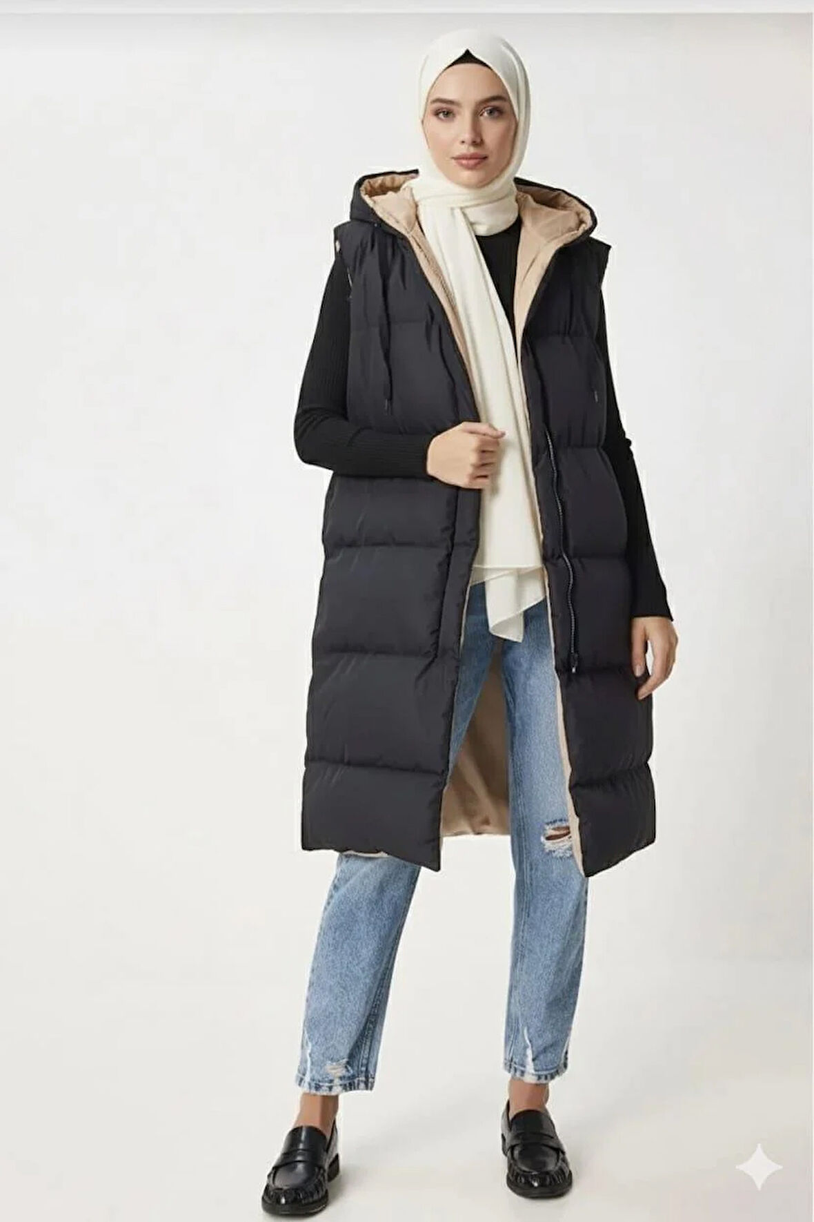 Kadın Çift Taraflı Kapüşonlu Cepli Siyah-Krem Yelek