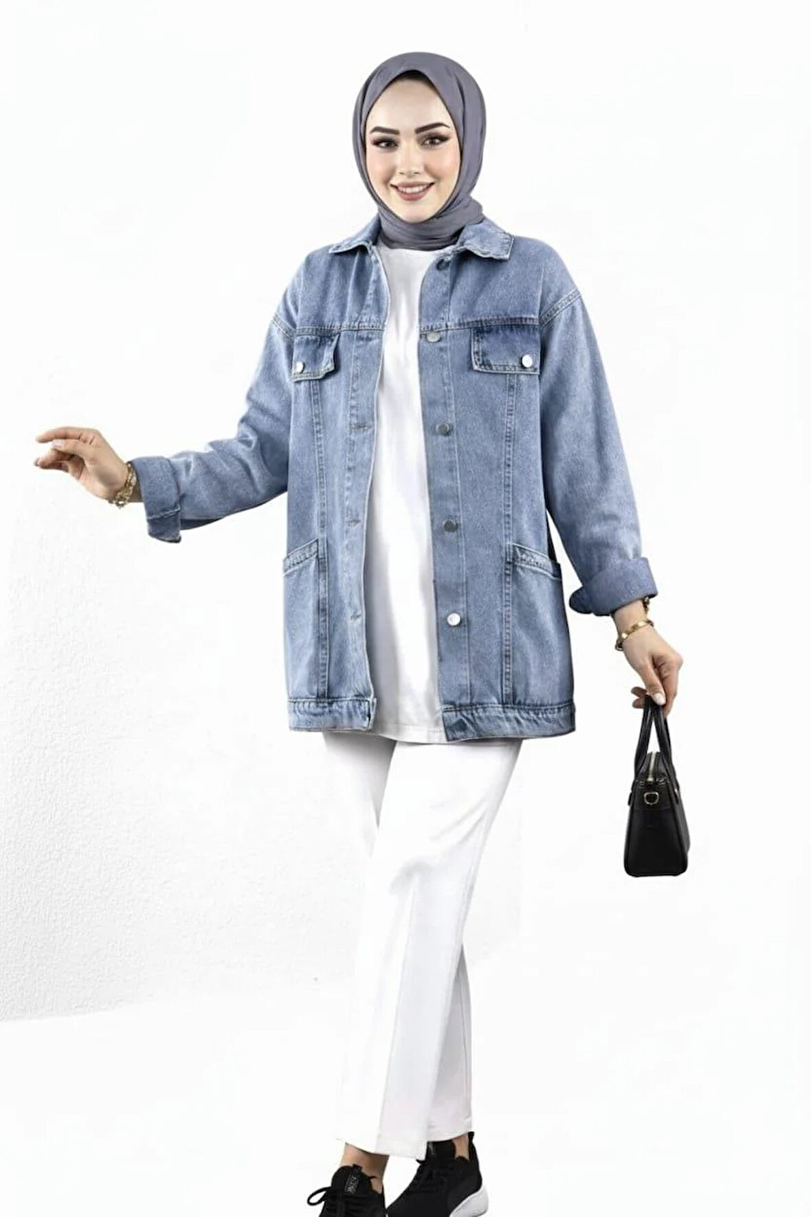 Kadın Cep Detaylı Denim Kot Mavi Ceket