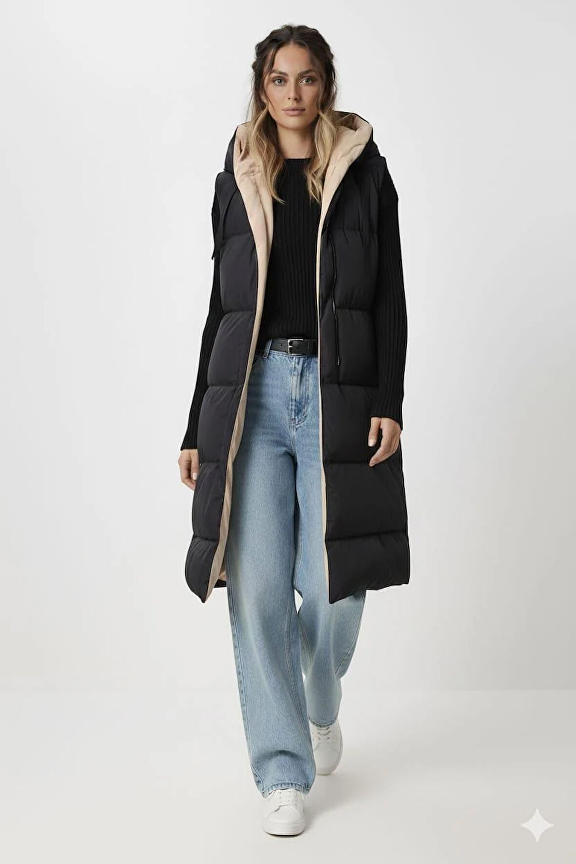 Kadın Çift Taraflı Kapüşonlu Cepli Krem-Siyah  Yelek