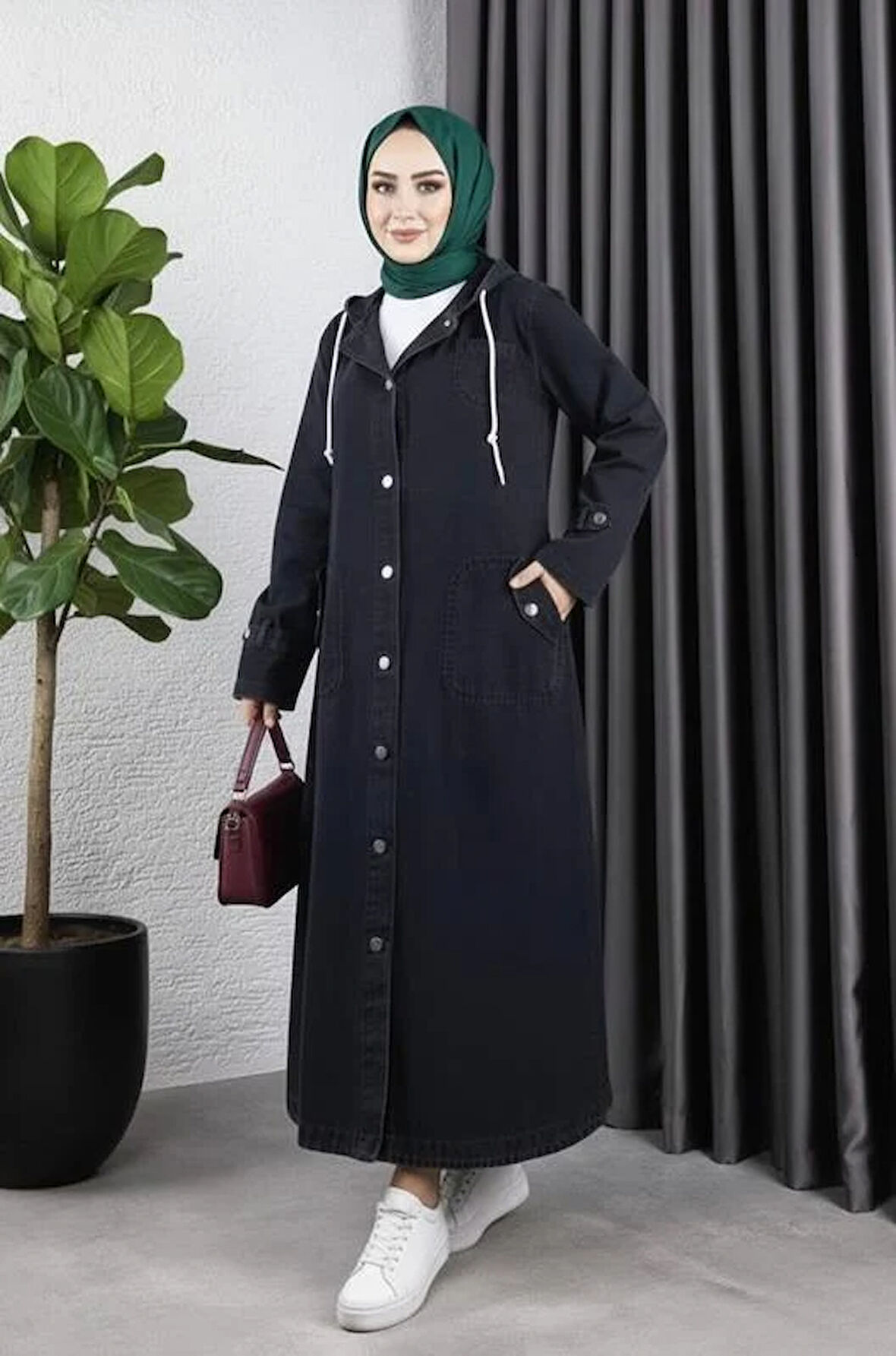 Kadın Cepli Düğmeli Kapüşonlu Denim Siyah Trençkot