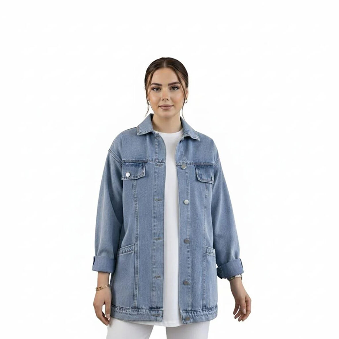 Kadın Cep Detaylı Denim Mavi Kot Ceket