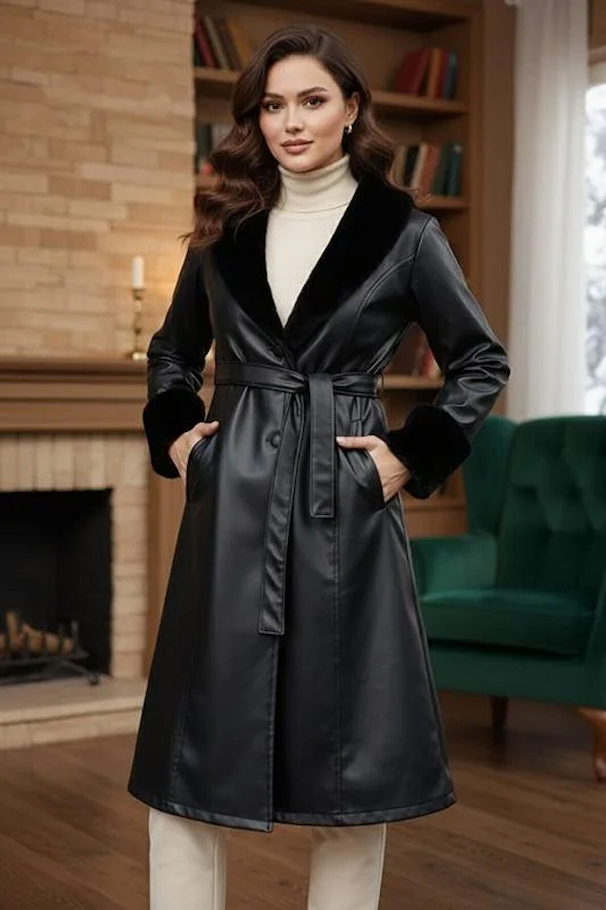 Kadın Yakası Tüylü Kuşaklı İçi Astarlı Deri Siyah Trençkot