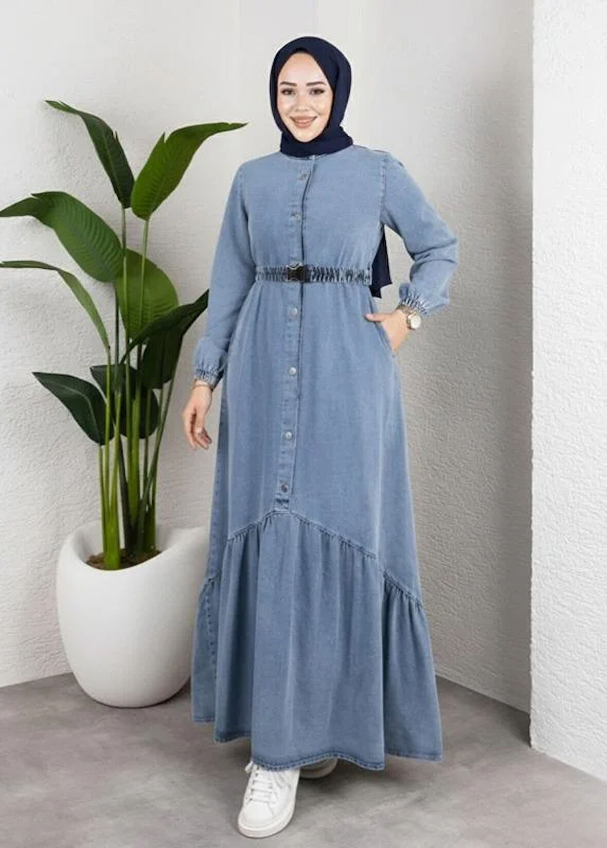 Kadın Düğmeli Kuşaklı Denim Kot Mavi Elbise