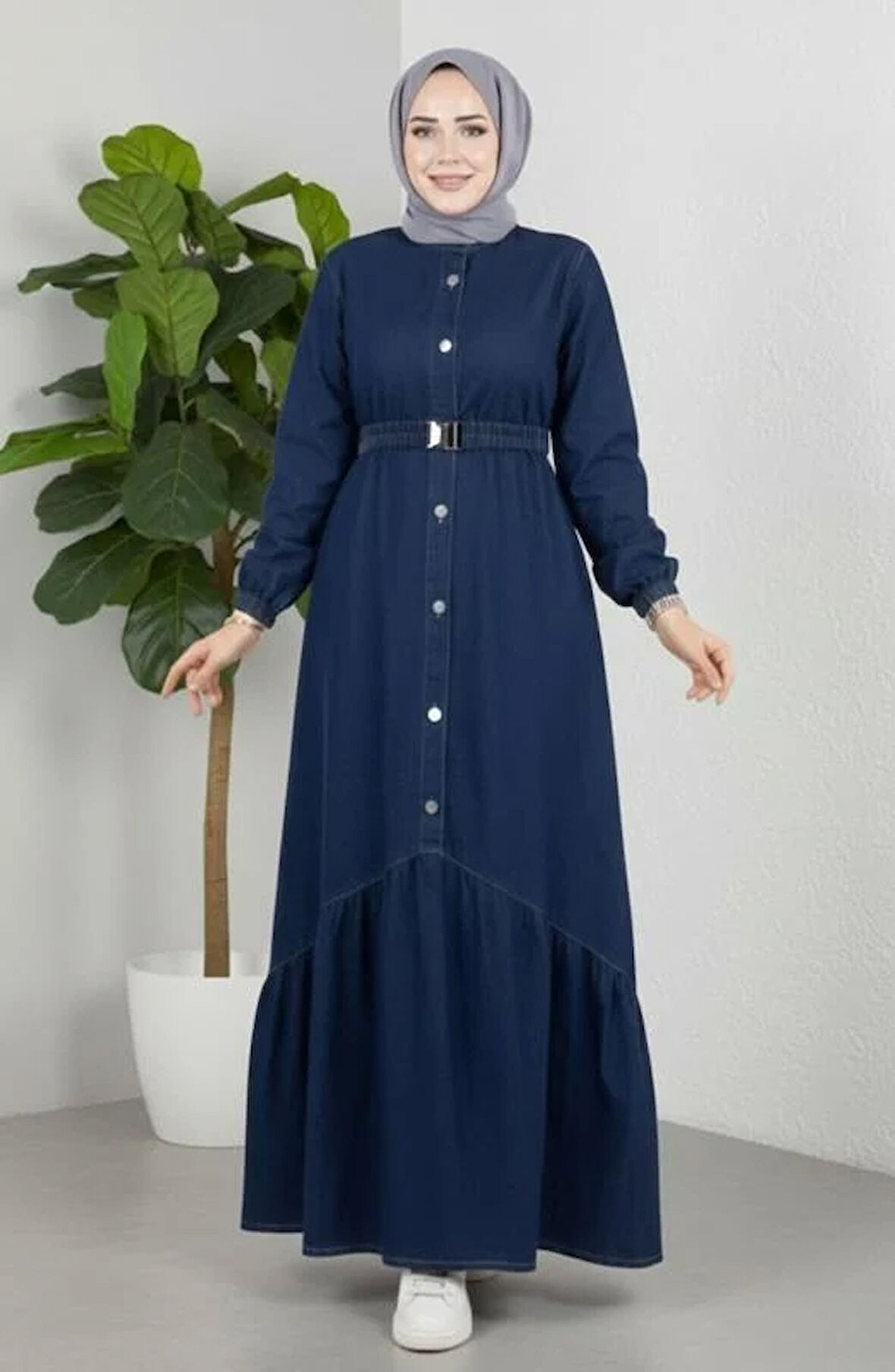 Kadın Düğmeli Kuşaklı Denim Koyu Kot Mavi Elbise