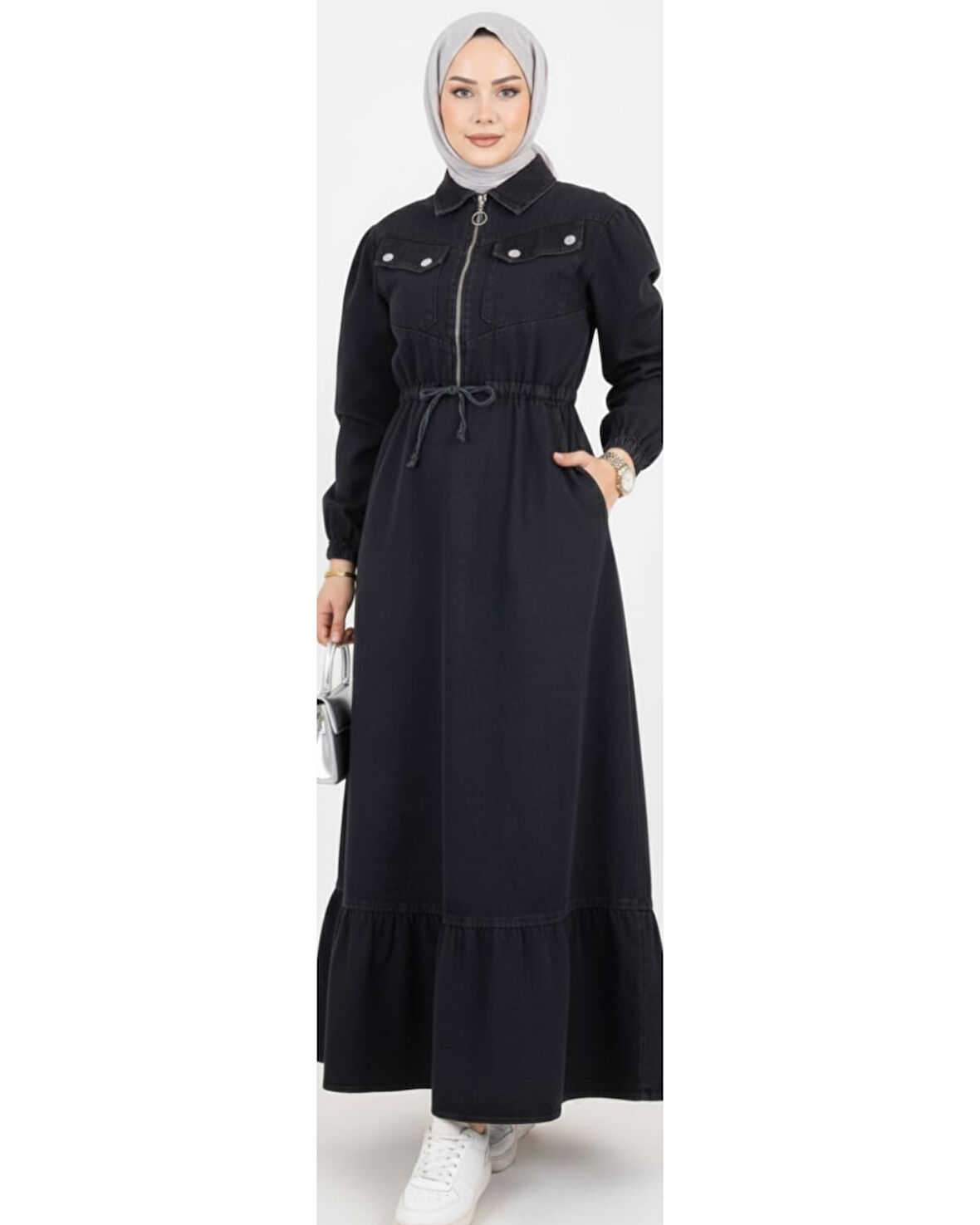 Kadın Cep Detaylı Fermuarlı Tesettür Siyah Kot Elbise