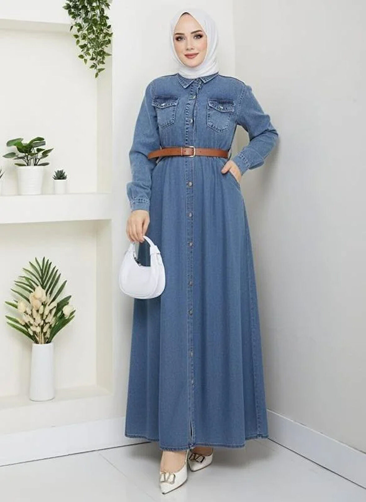 Kadın Düğmeli Kemerli Denim Kot Mavi Elbise