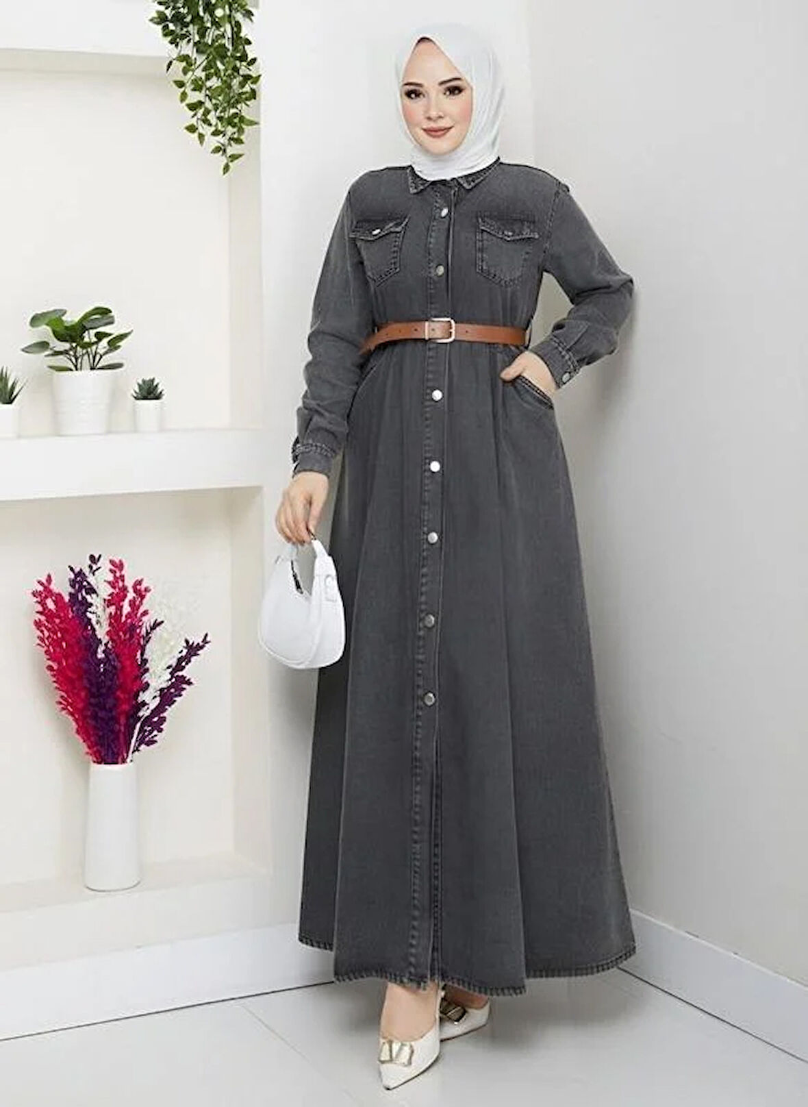 Kadın Düğmeli Kemerli Denim Kot Siyah Elbise