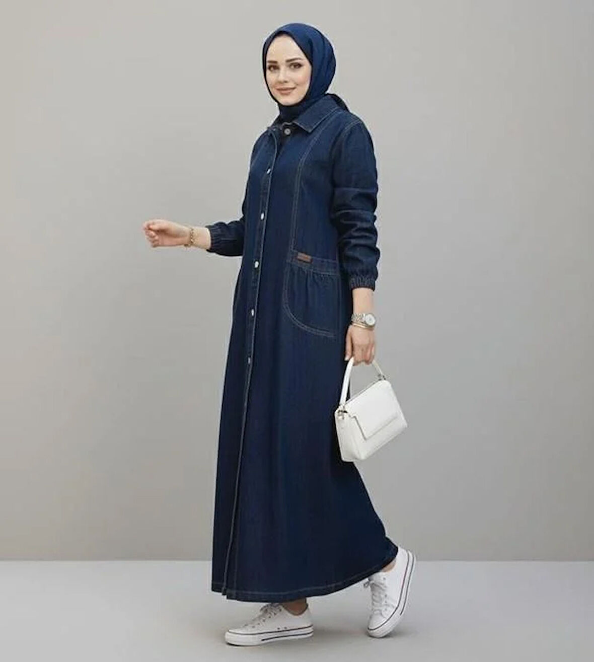 Kadın Düğmeli Cepli Kar Yıkamalı Denim Lacivert Kot Kap