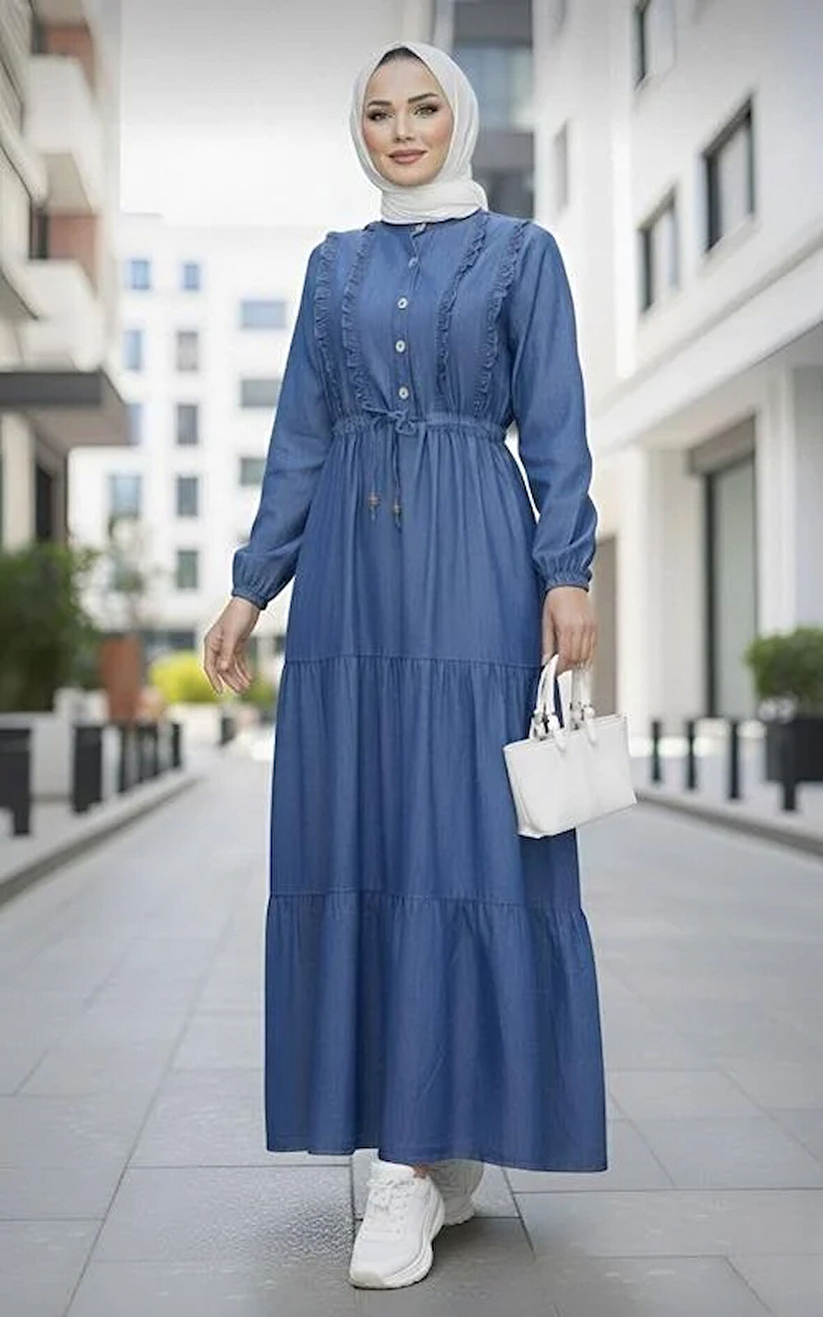 Kadın Fırfır Detaylı Düğmeli Koyu Kot Mavi Elbise