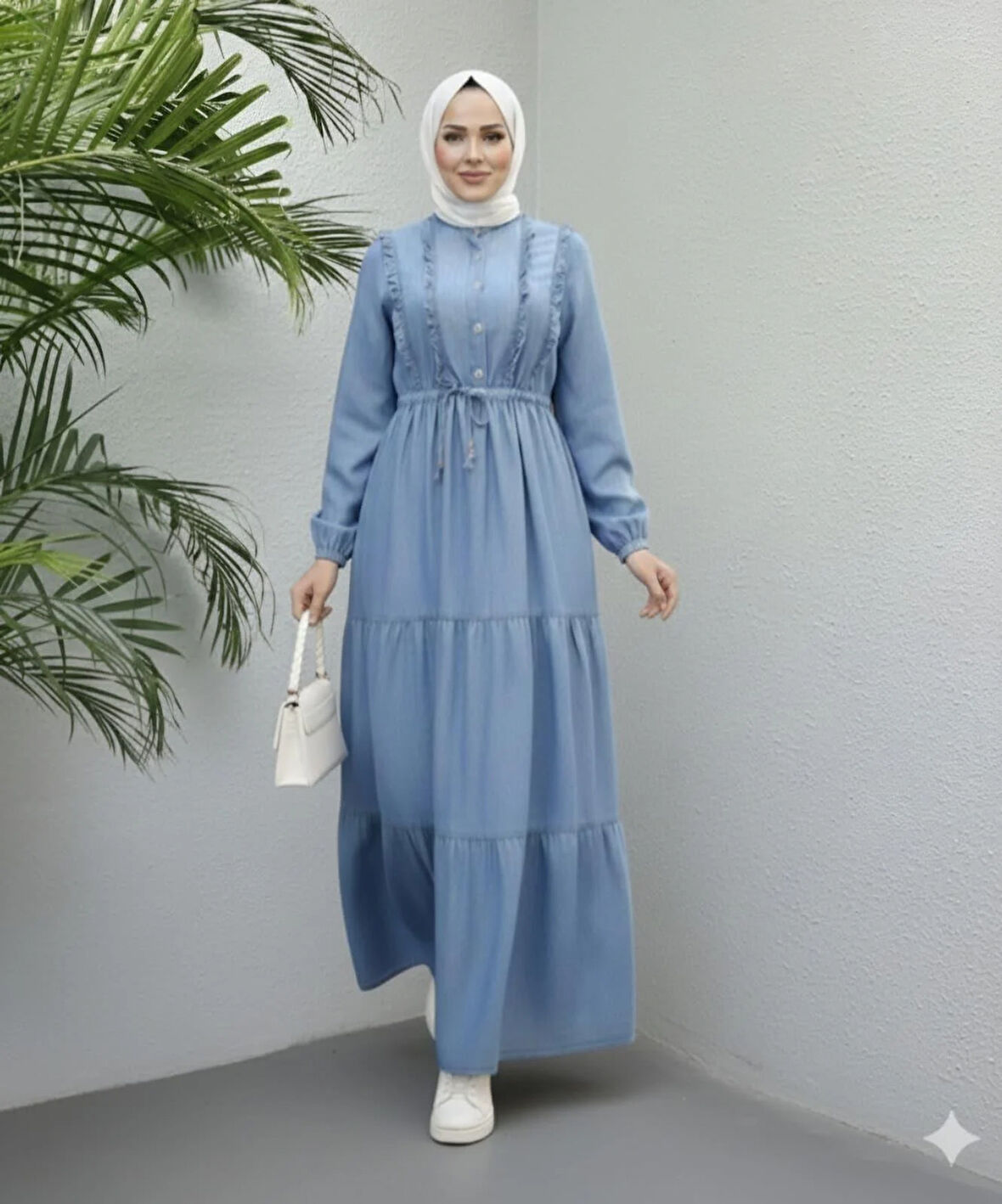 Kadın Fırfır Detaylı Düğmeli Açık Kot Mavi Elbise