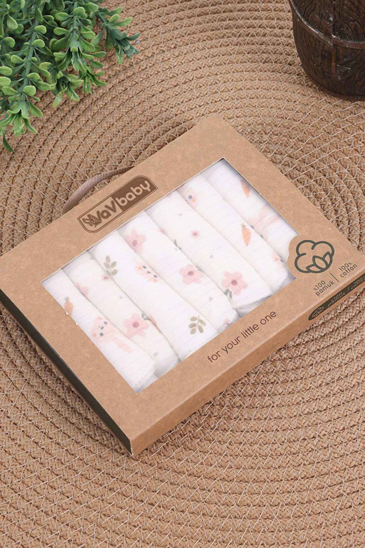 VaVbaby 7’li Bebek Ağız Mendili Seti – %100 Pamuk, Yumuşak Ve Emici Pembe Tavşan