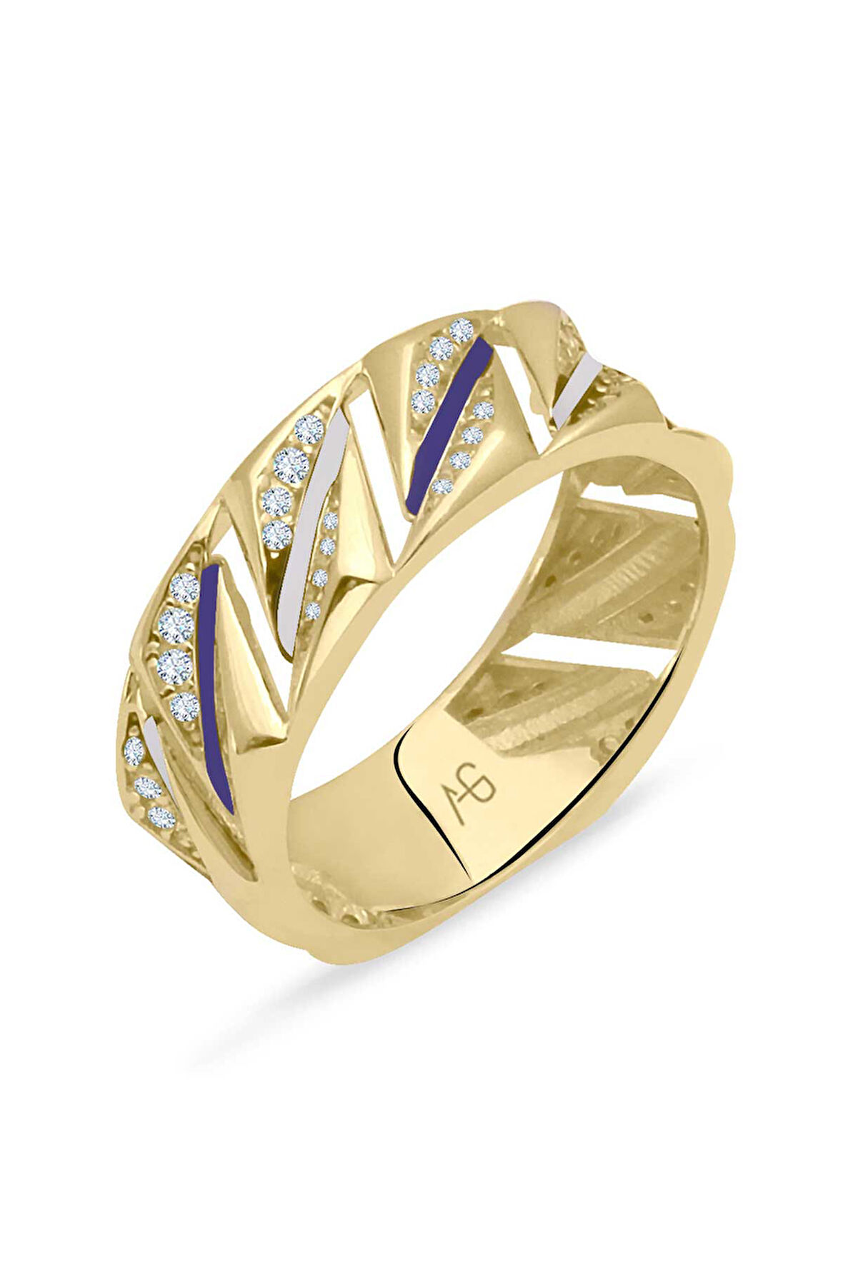 Sarı Altın Mavi Beyaz Şerit Mineli Altın Gurmet Yüzük