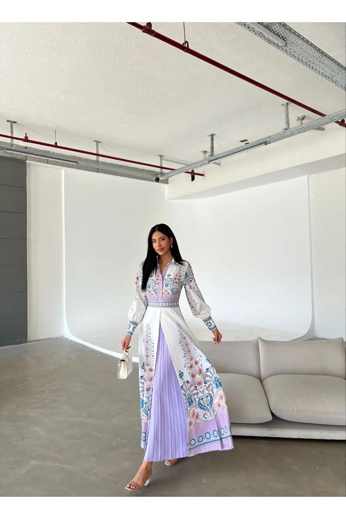 Atlas Kumaş Elbise (Kemer Dahildir)-Lila