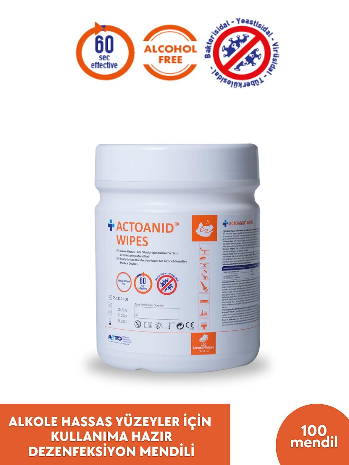 ACTOANID® WIPES 100 mendil | Alkole Hassas Yüzeyler İçin Kullanıma Hazır Dezenfeksiyon Mendili