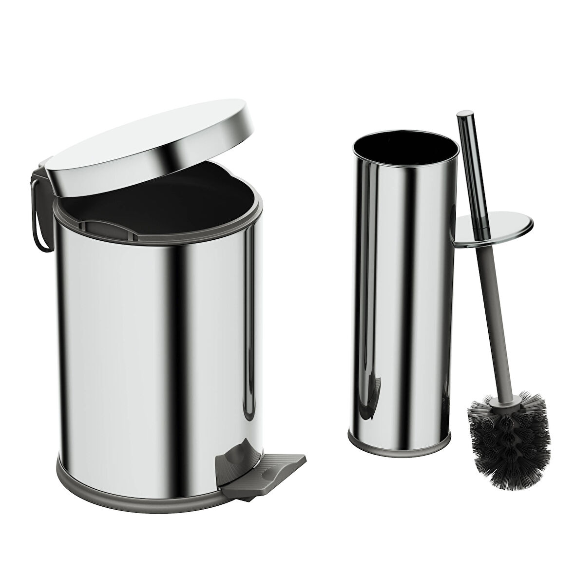 Aqua Bagno Basic Set - Klozet Fırçası + Çöp Kovası 3 L, 2 Parça, Parlak Krom Paslanmaz