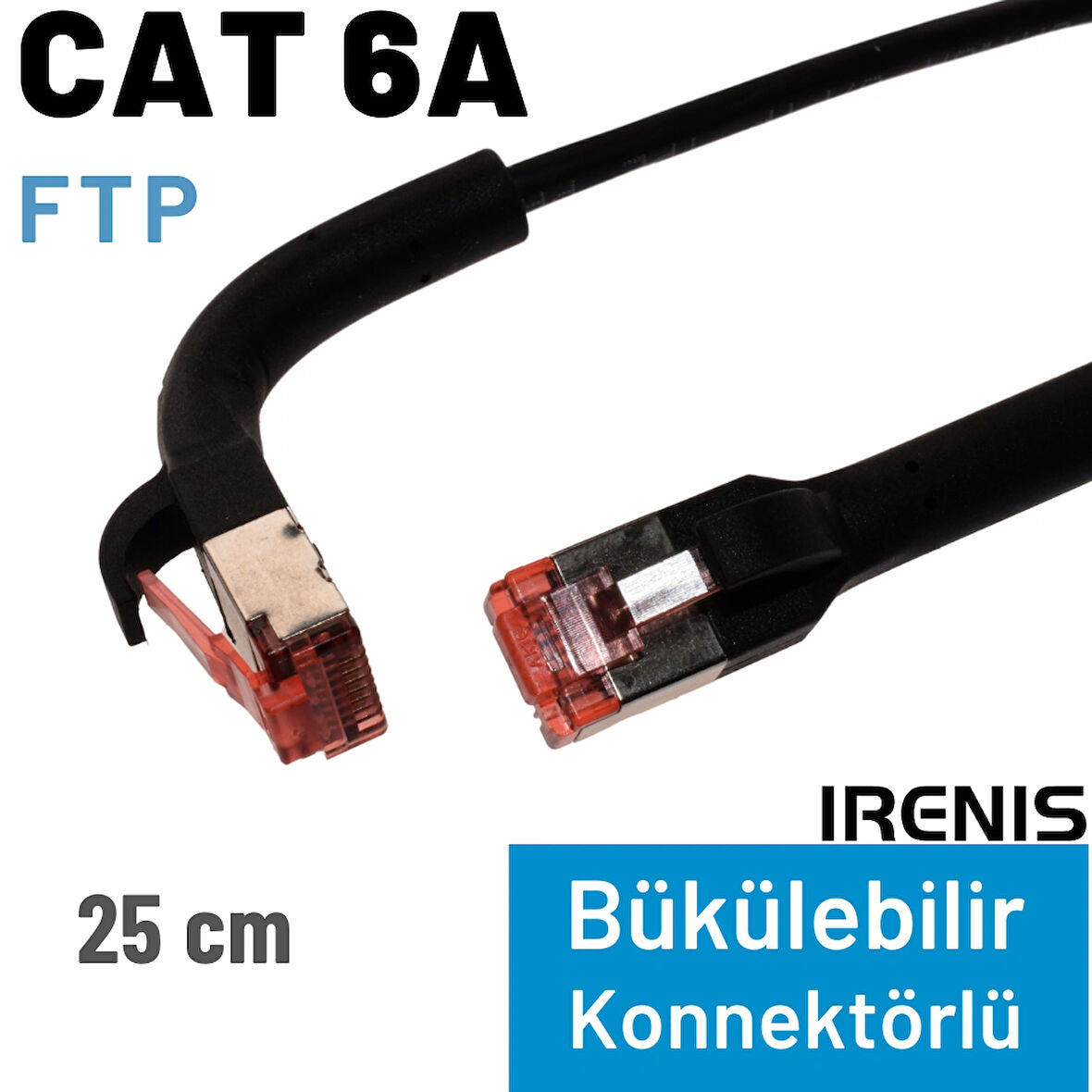 IRENIS 25 cm CAT6A U/FTP 90° Bükülebilir Kablo, Siyah