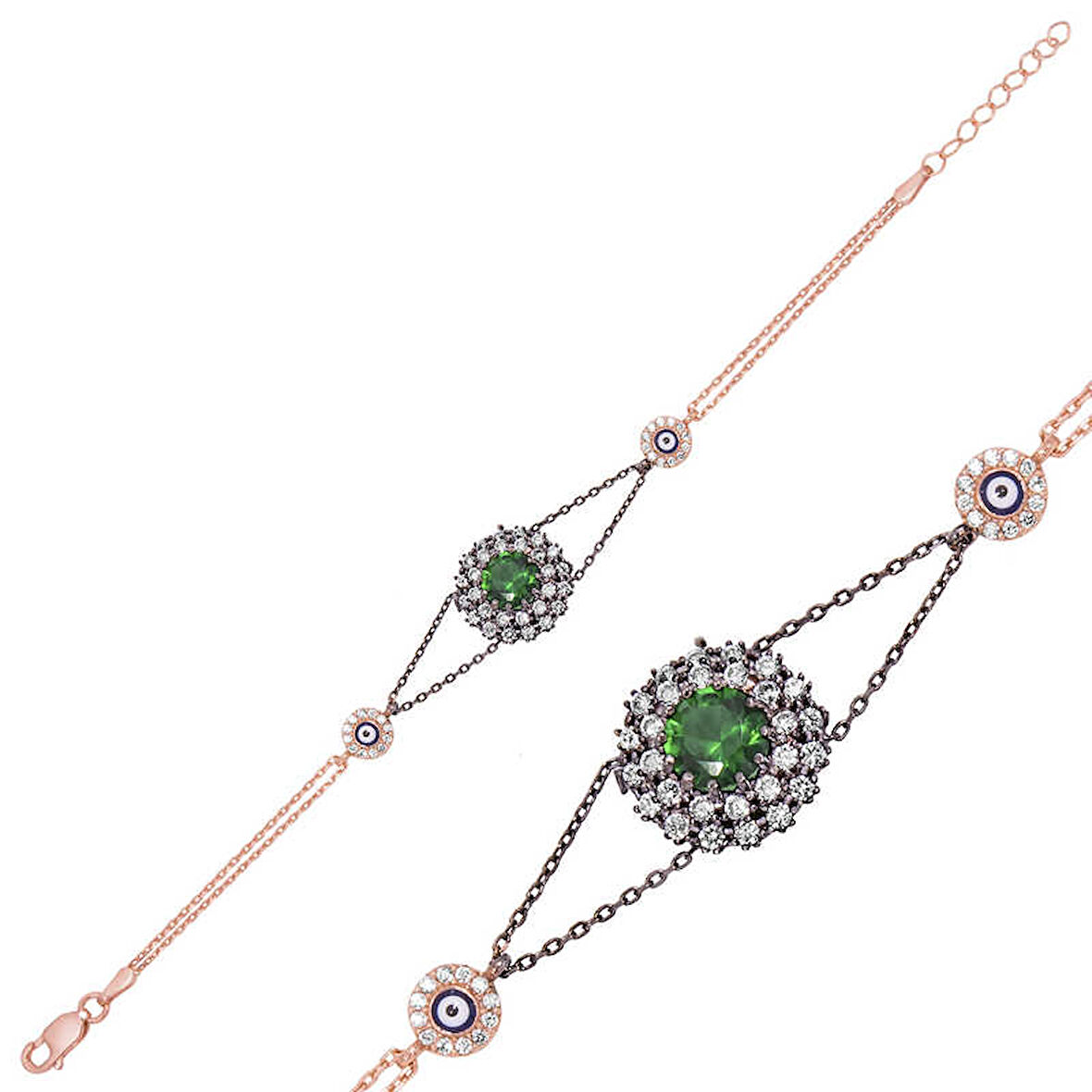 925 Ayar Gümüş Rose Yeşil Taşlı Otantik Bileklik BR0460467
