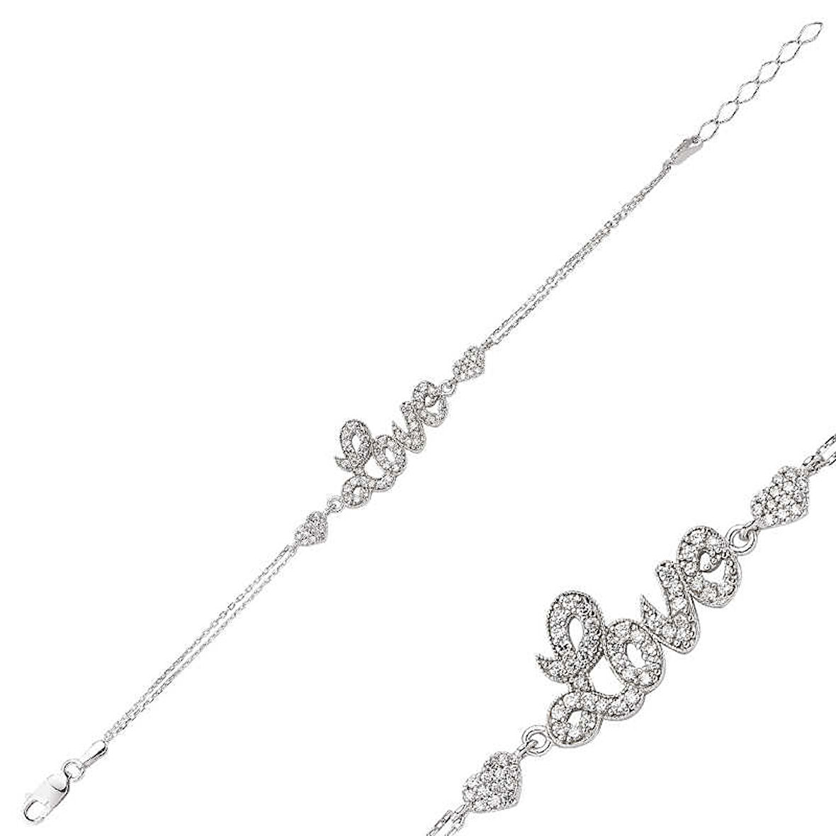 925 Ayar Gümüş Kalpli Love Yazılı Bileklik BR0460145