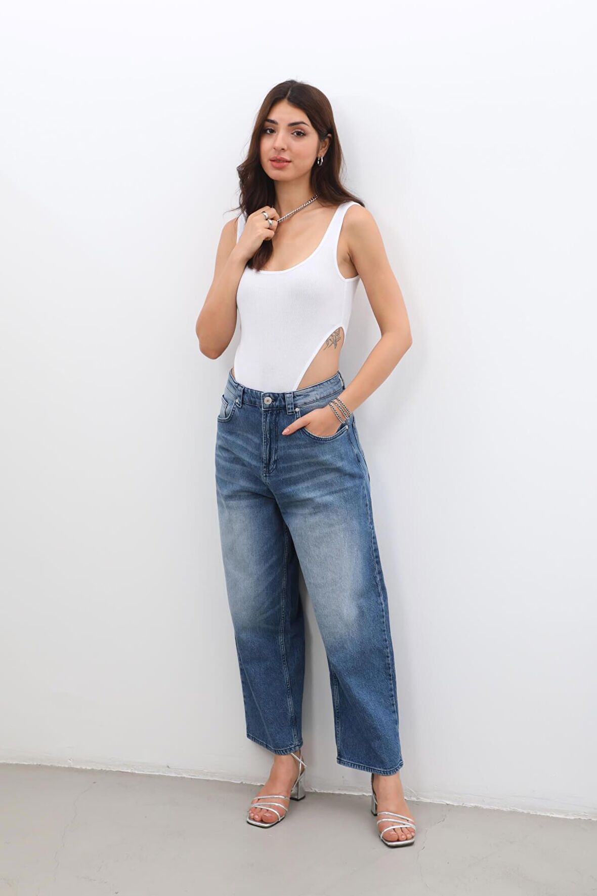 Kadın Yüksek Bel Skater Fit Jean Pantolon Mavi