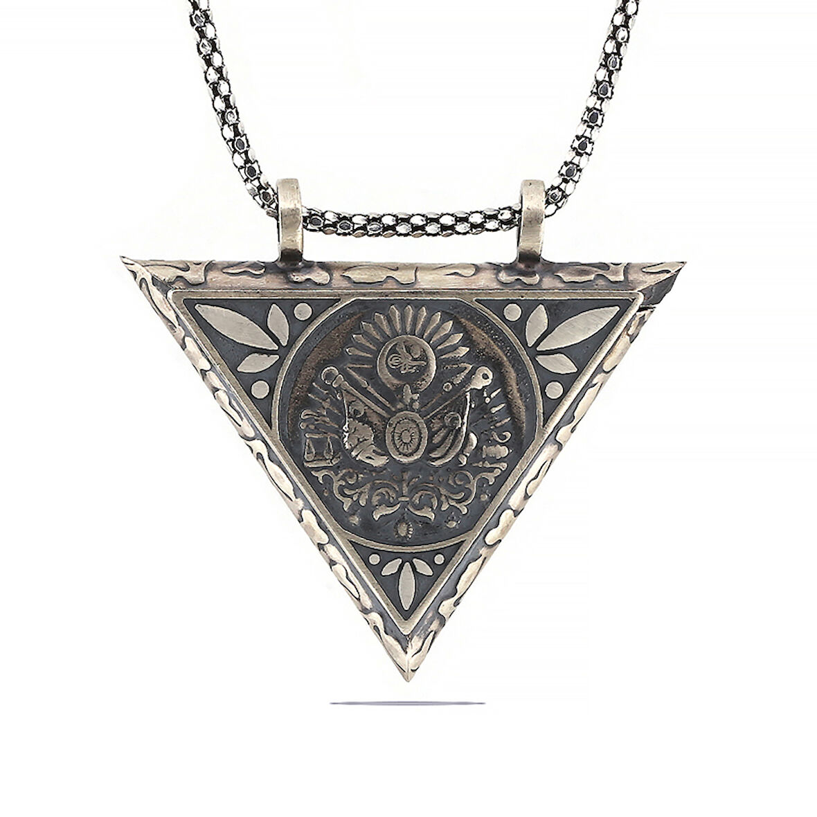 925 Ayar Gümüş Üçgen İçi Açılabilen Osmanlı Arma Muskalık Gümüş Kolye T6013
