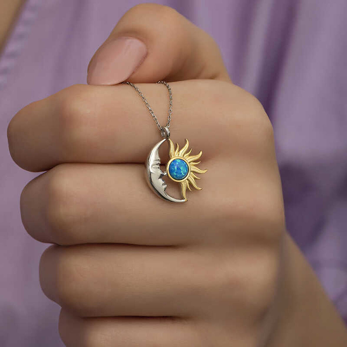 925 Ayar Gümüş Opal Mavi Taşlı Ay Güneş Kadın Kolye T7612