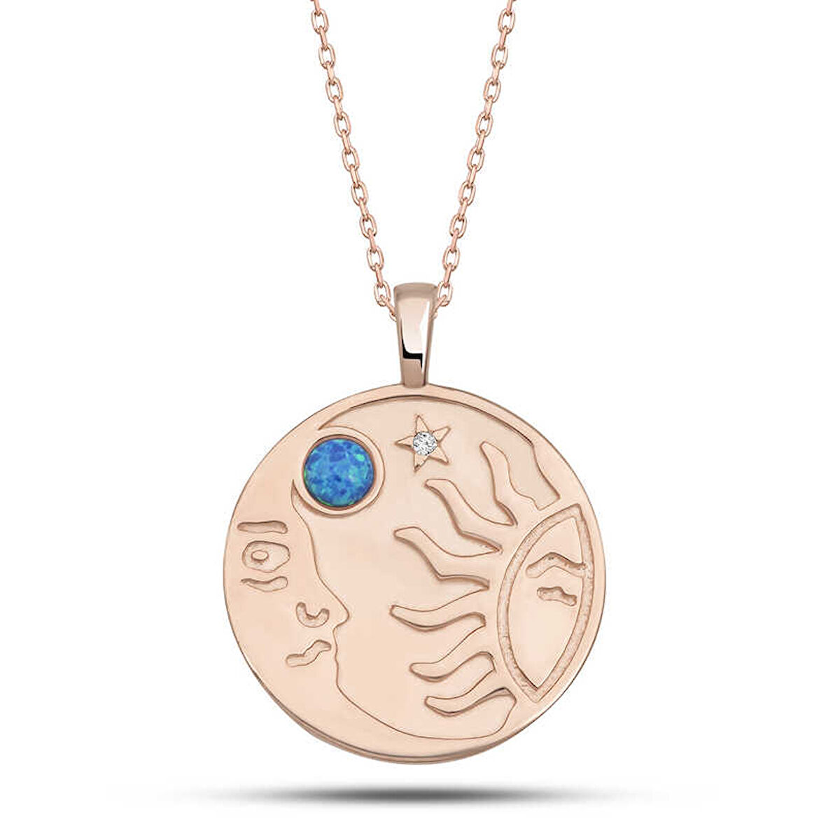 925 Ayar Gümüş Rose Opal Mavi Taşlı Ay Güneş Kadın Kolye T7617