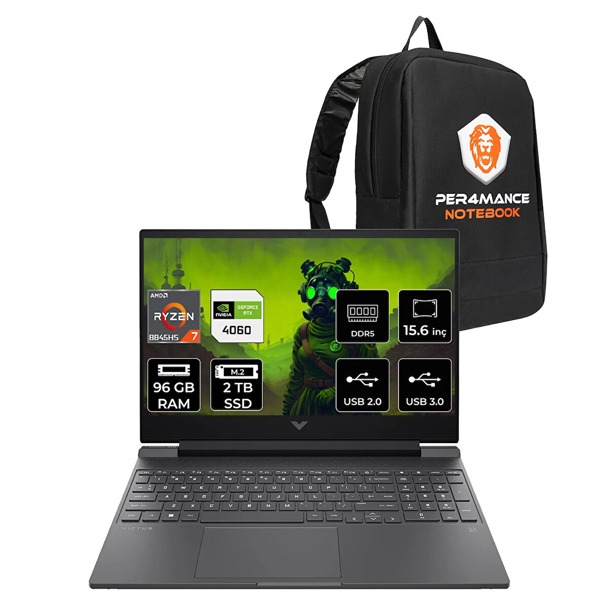 HP Victus 15 R7 8845HS 96GB DDR5 2TB SSD RTX4060/8GB 15.6'' 144Hz FDOS Gaming Laptop & PER4 ÇANTA