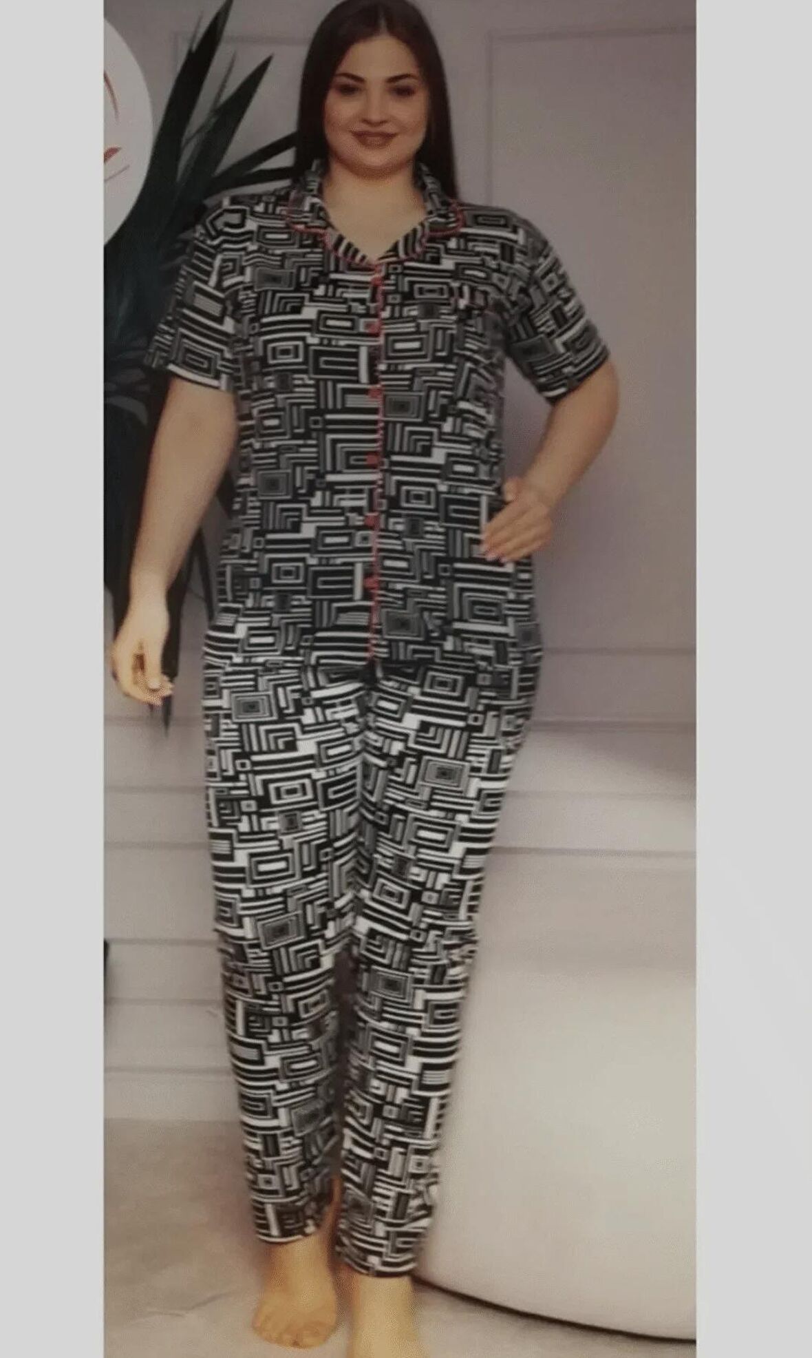 LilaKadın Önden Düğmeli Battal Siyah Beyaz Pijama Takımı