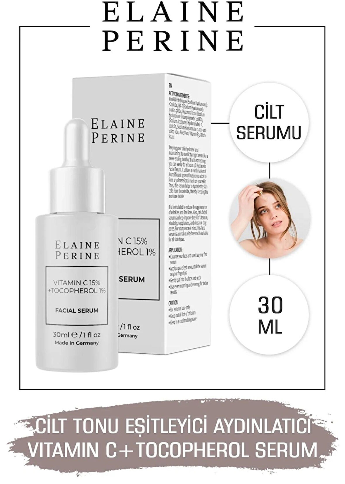 Elaine Perine %15 C Vitamini + %1 E Vitamini Serumu Cilt Tonu Eşitleyici Aydınlatıcı Kolajen Artırıcı Serum 30ML