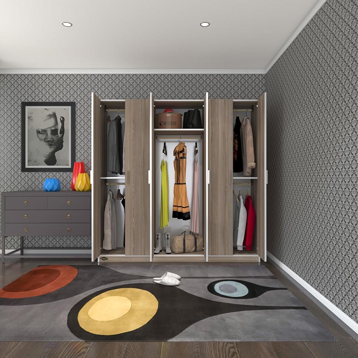 Kenzlife gardırop 6 kapaklı kapılı anemon 180*180*42 crd gardolap dolap