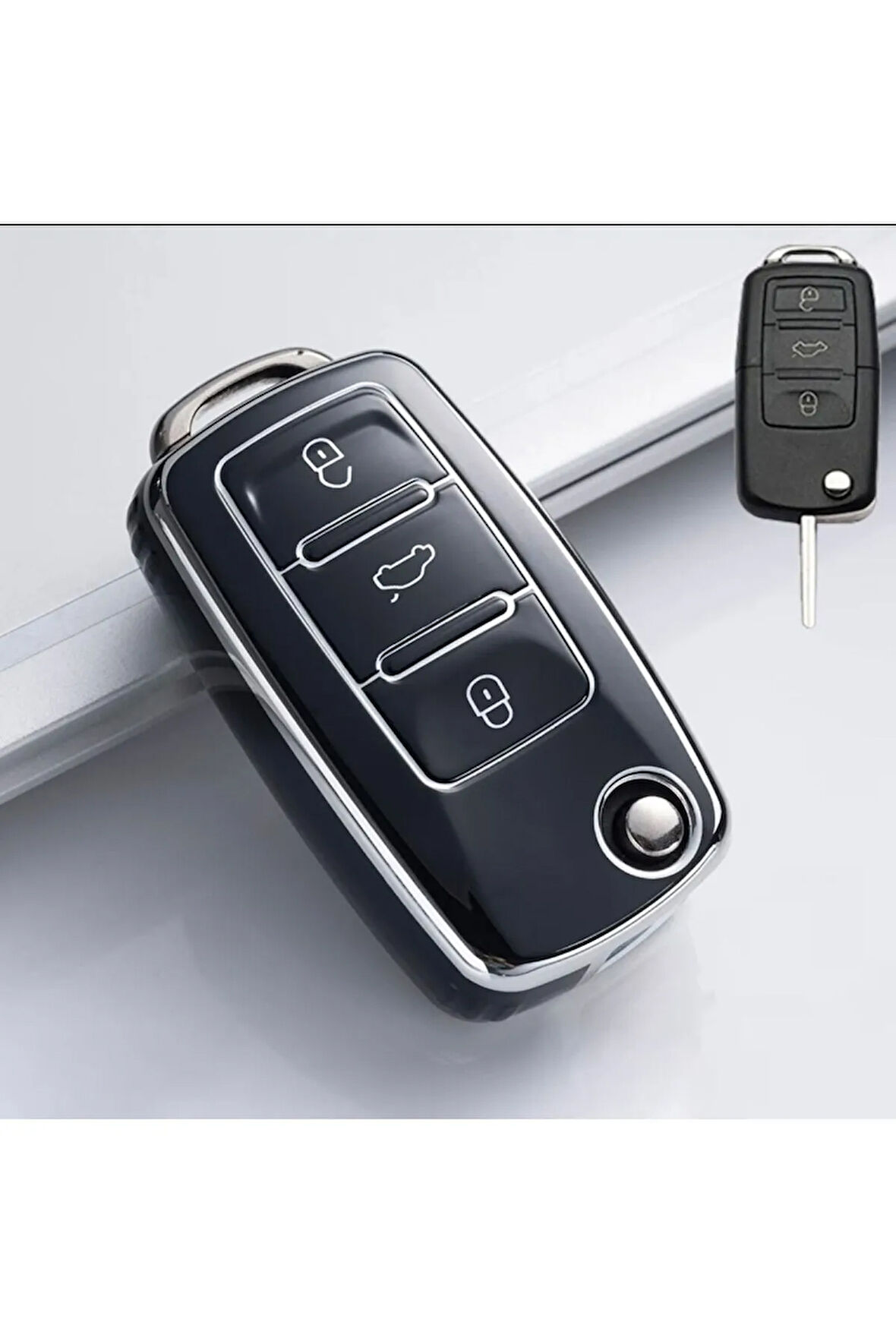 VW Caddy Parlak Sustalı Anahtar Kılıfı Kalite Siyah Gümüş