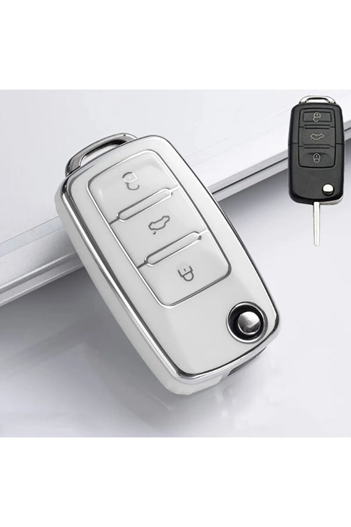 Polo Mk5 6R Parlak Sustalı Anahtar Kılıfı Kalite Beyaz Gümüş