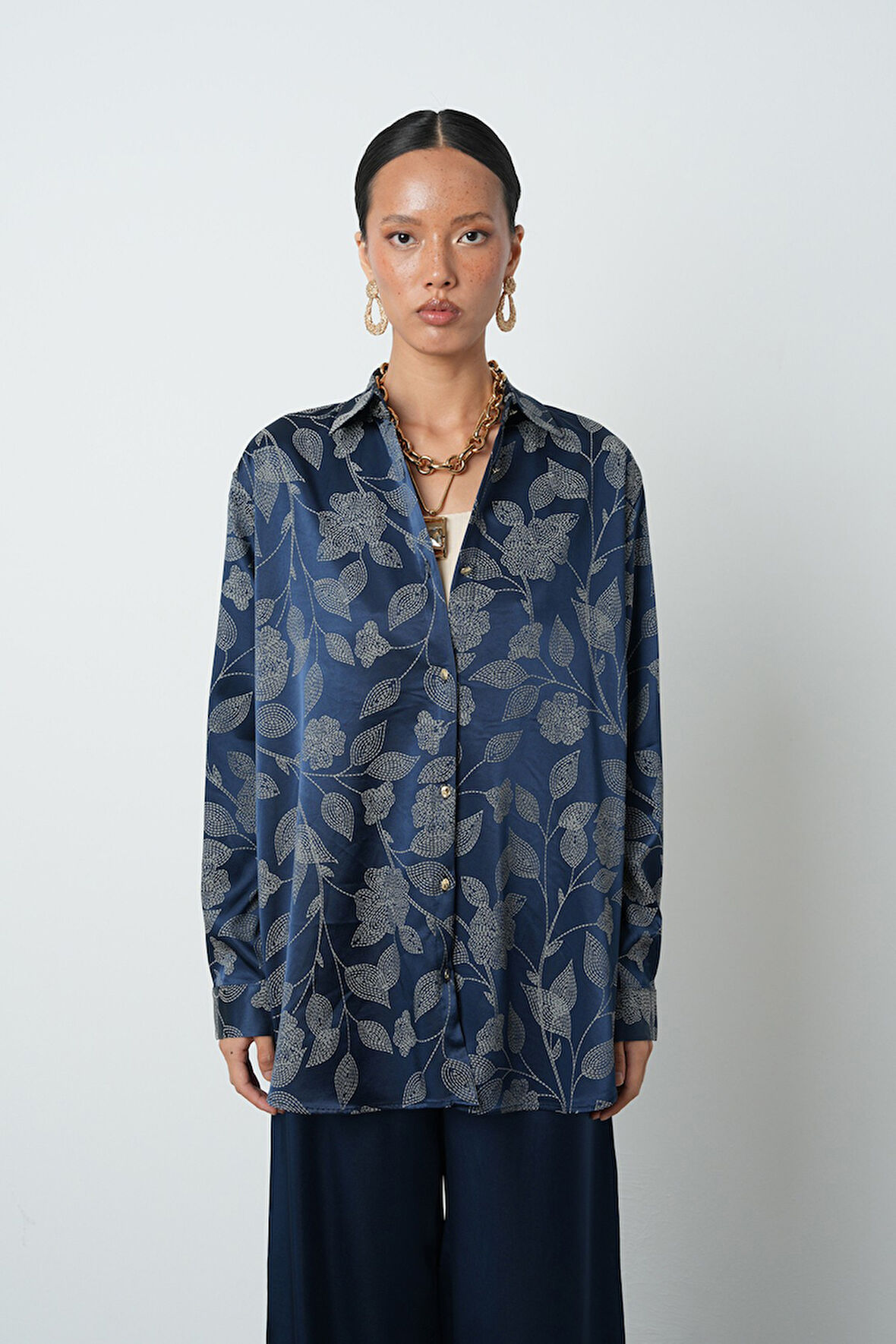 Kadın Laci Renk Çiçek Ve Yaprak Desenli Oversize Gömlek