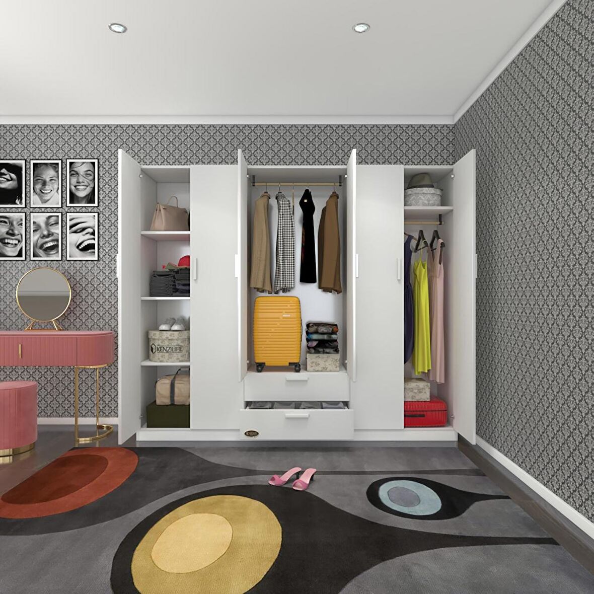 Kenzlife gardırop 6 kapılı çekmeceli begonvil210 byz kapaklı gardolap dolap