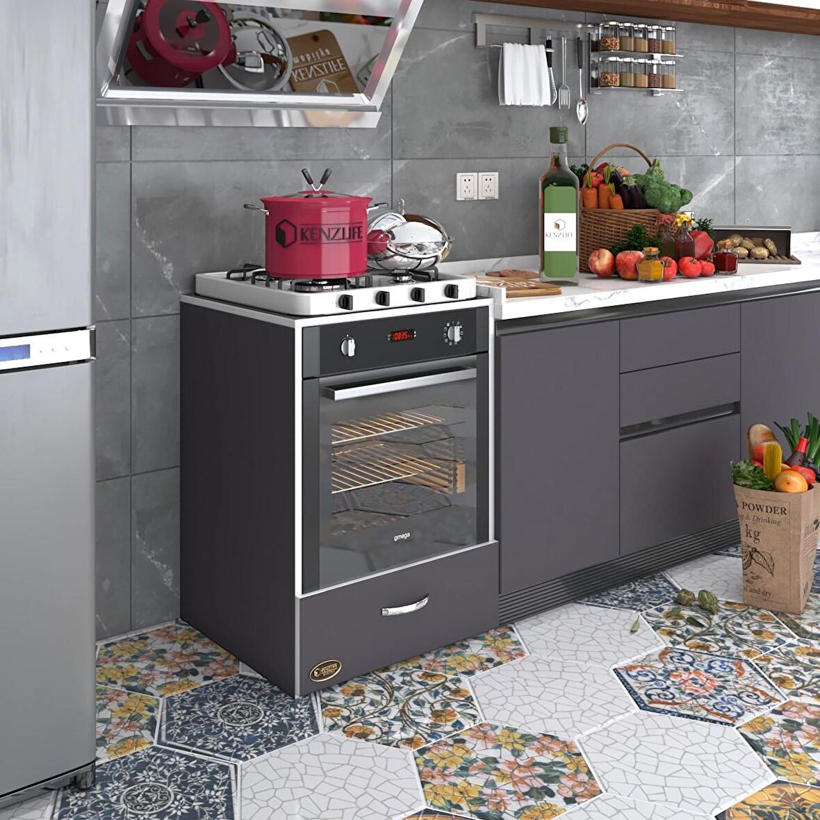 Kenzlife ankastre modülü kabini flor gri kapaklı fırın ocak dolabı sabit tabla 