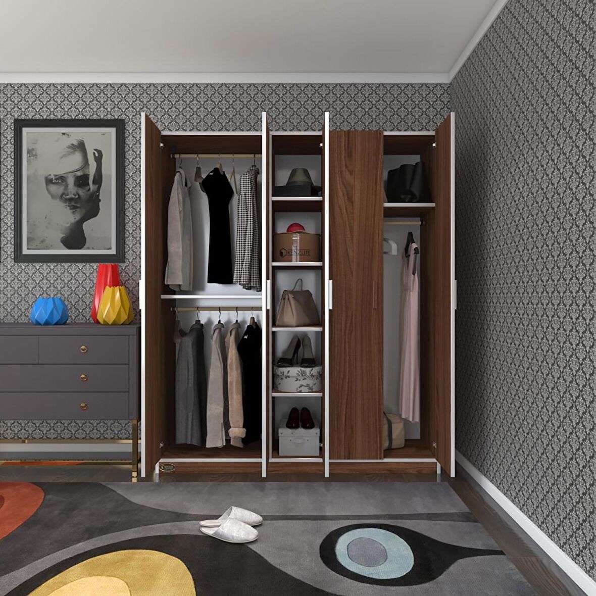 Kenzlife gardırop 5 kapaklı kapılı 150 lilyum cvz gardolap dolap