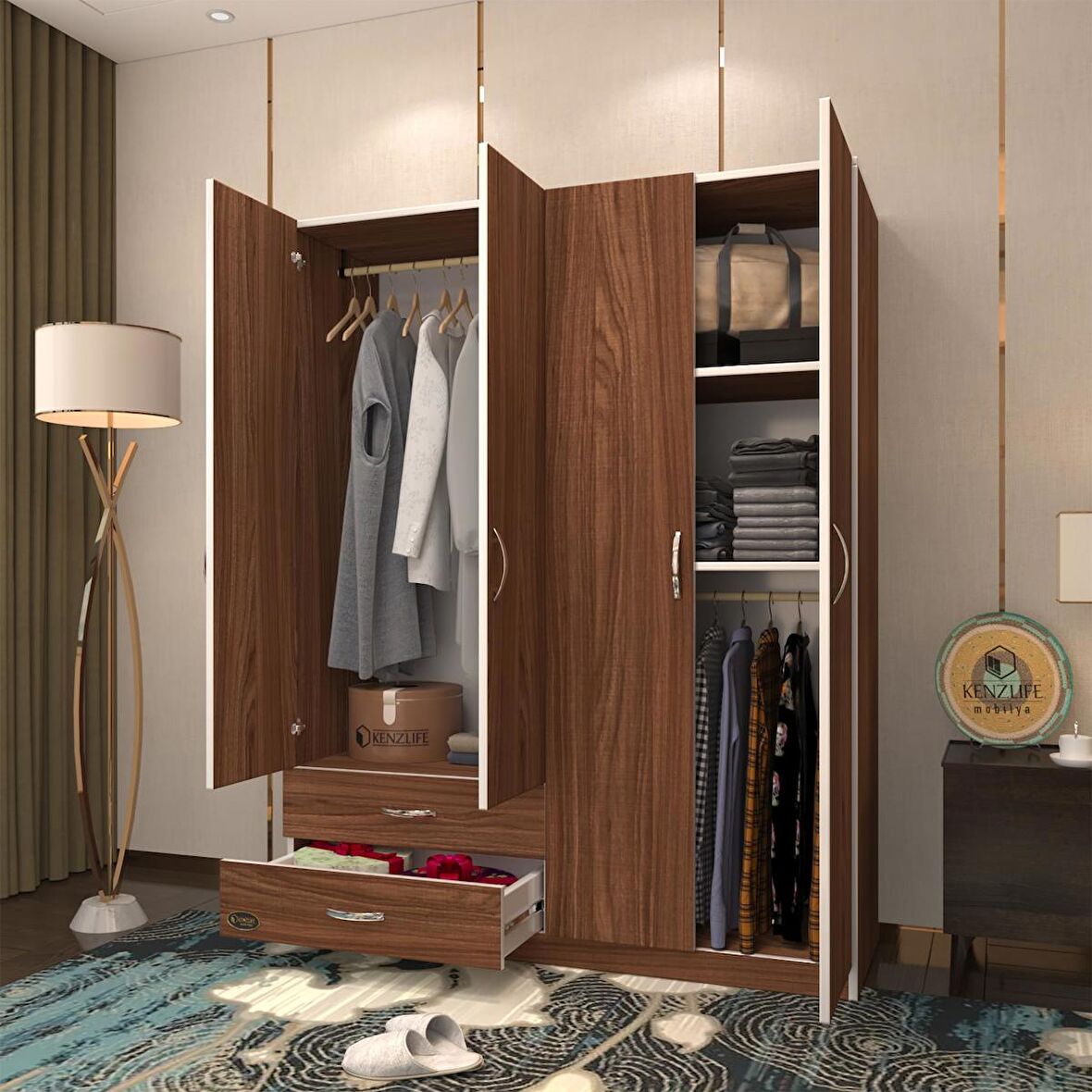 Kenzlife gardırop 4 kapaklı kapılı 2 çekmeceli orkide cvz 180*120*42 gardolap dolap