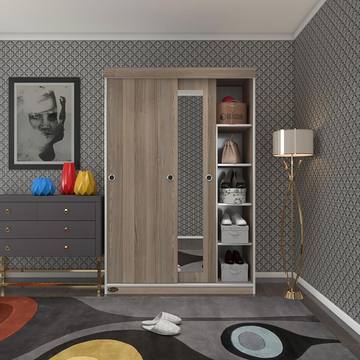 Kenzlife gardırop sürgülü kapaklı kapılı 120 papatya crd aynalı gardolap dolap