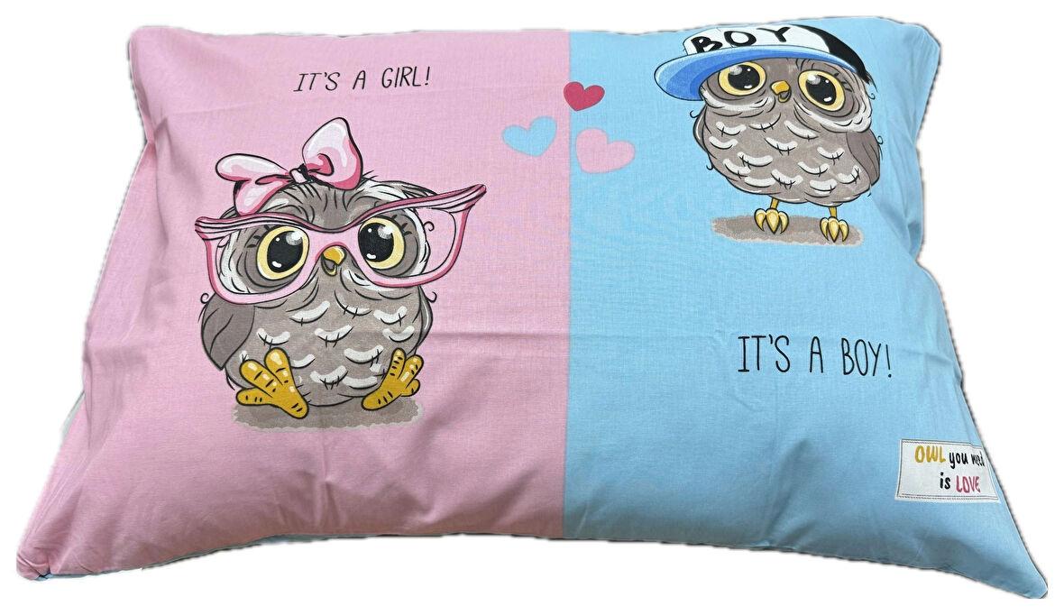 Clasy Ranforce %100 Pamuk 2 Adet Yastık Kılıfı Genç/Çocuk Baykuş Desenli Pembe-Mavi