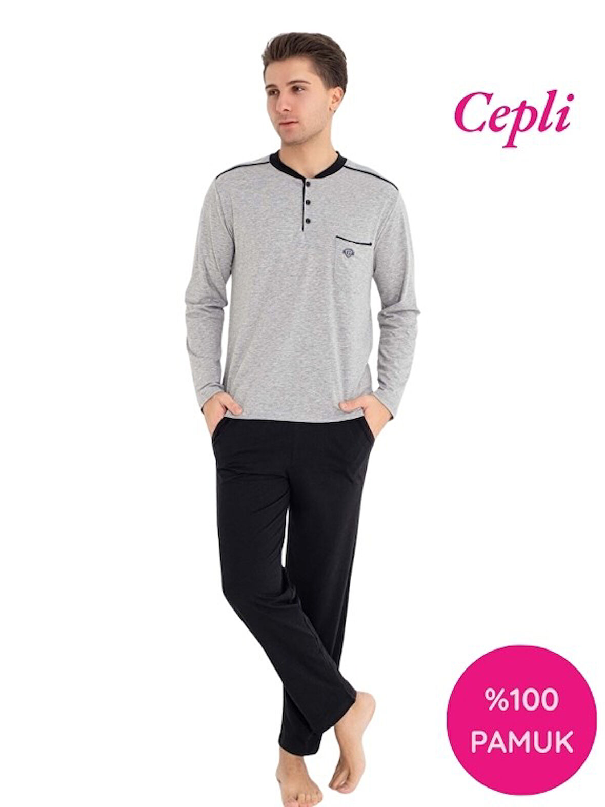 Guava Erkek 3 Düğmeli %100 Pamuk Göğüs Cepli Mevsimlik Uzun Kol Cepli Pijama Takımı